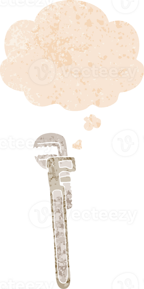 cartoon adjustable wrench with thought bubble in grunge distressed retro textured style png