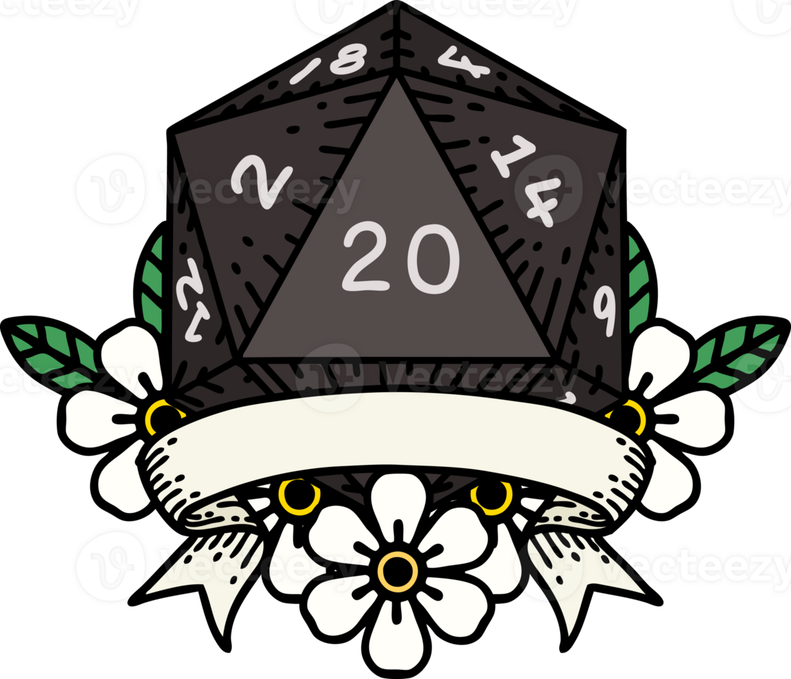 Retro Tattoo Style natural 20 critical hit D20 dice roll png