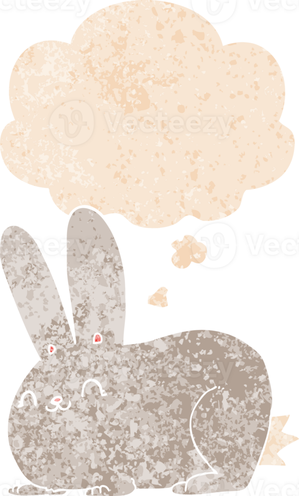 cartoon rabbit with thought bubble in grunge distressed retro textured style png