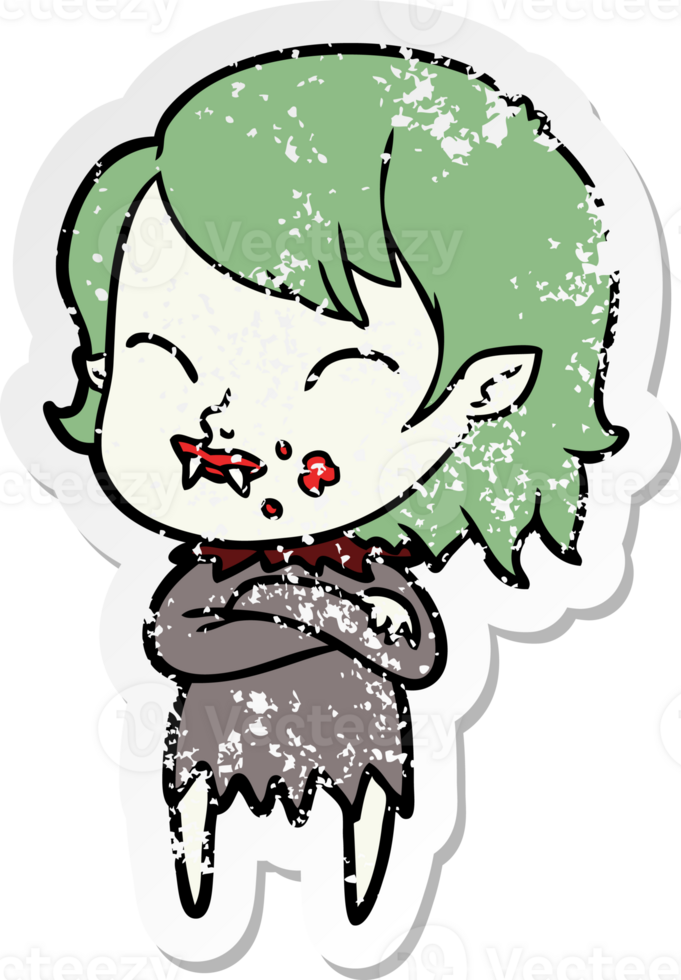 distressed sticker of a cartoon vampire girl with blood on cheek png