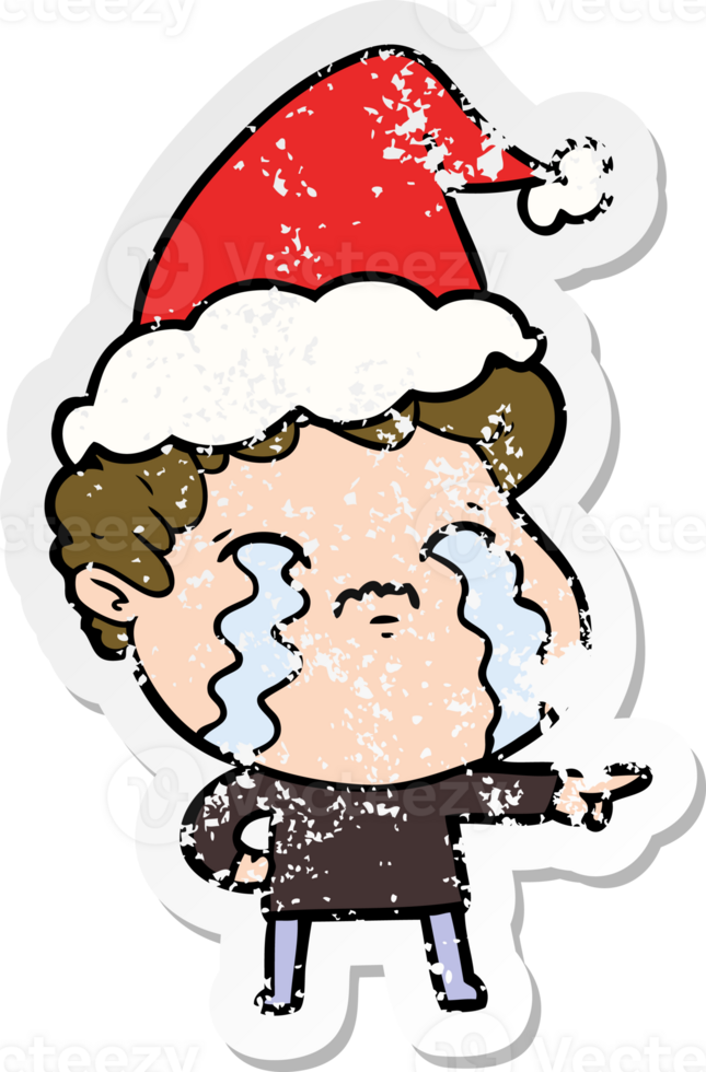 hand drawn distressed sticker cartoon of a man crying wearing santa hat png