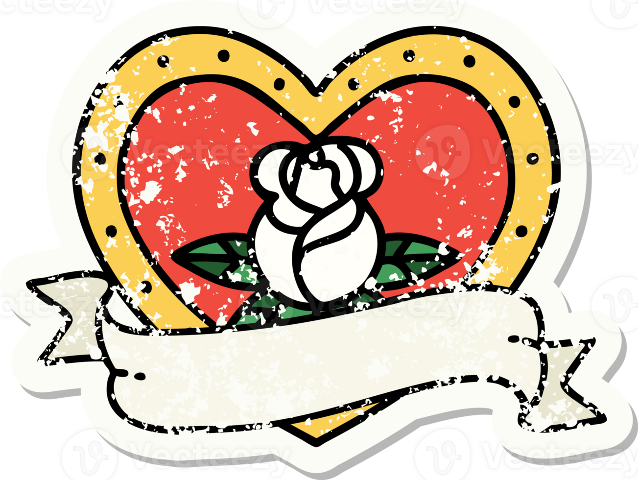 distressed sticker tattoo in traditional style of a heart rose and banner png