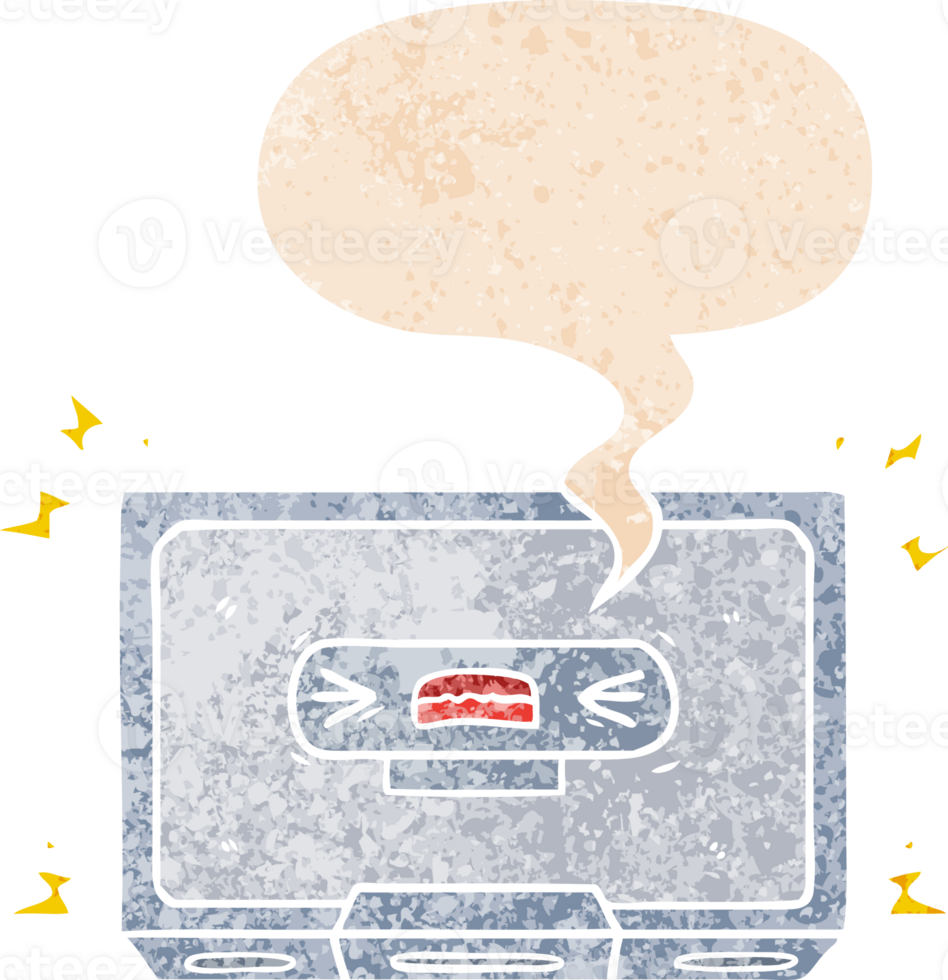 cartoon angry old cassette tape with speech bubble in grunge distressed retro textured style png