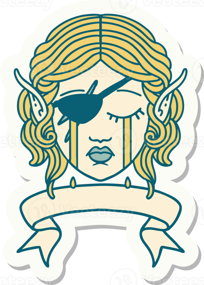 sticker of a crying elf rogue character face with banner png