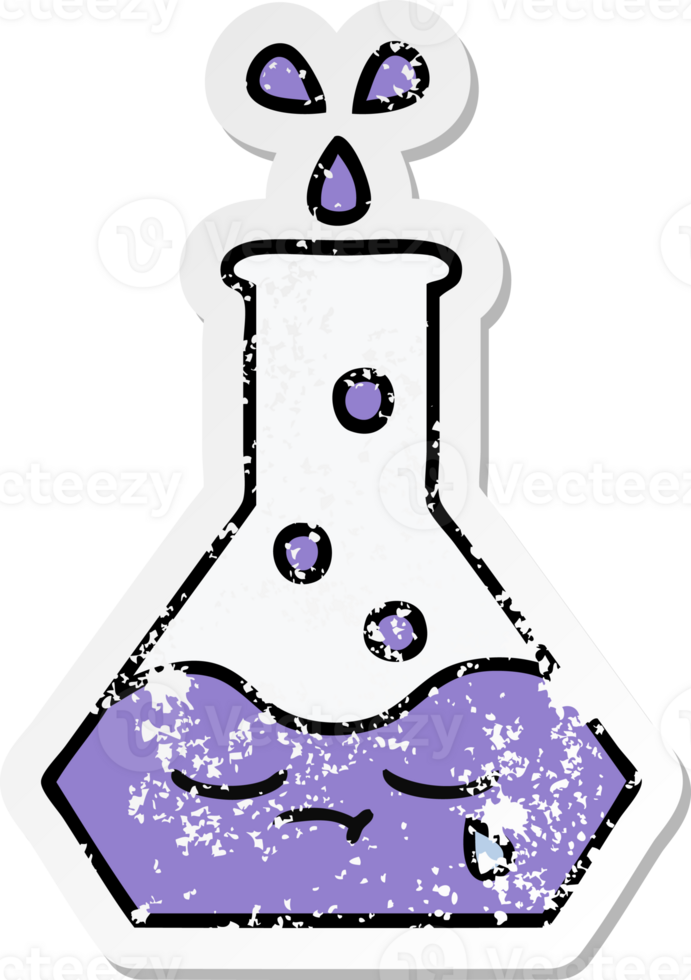 distressed sticker of a cute cartoon science beaker png