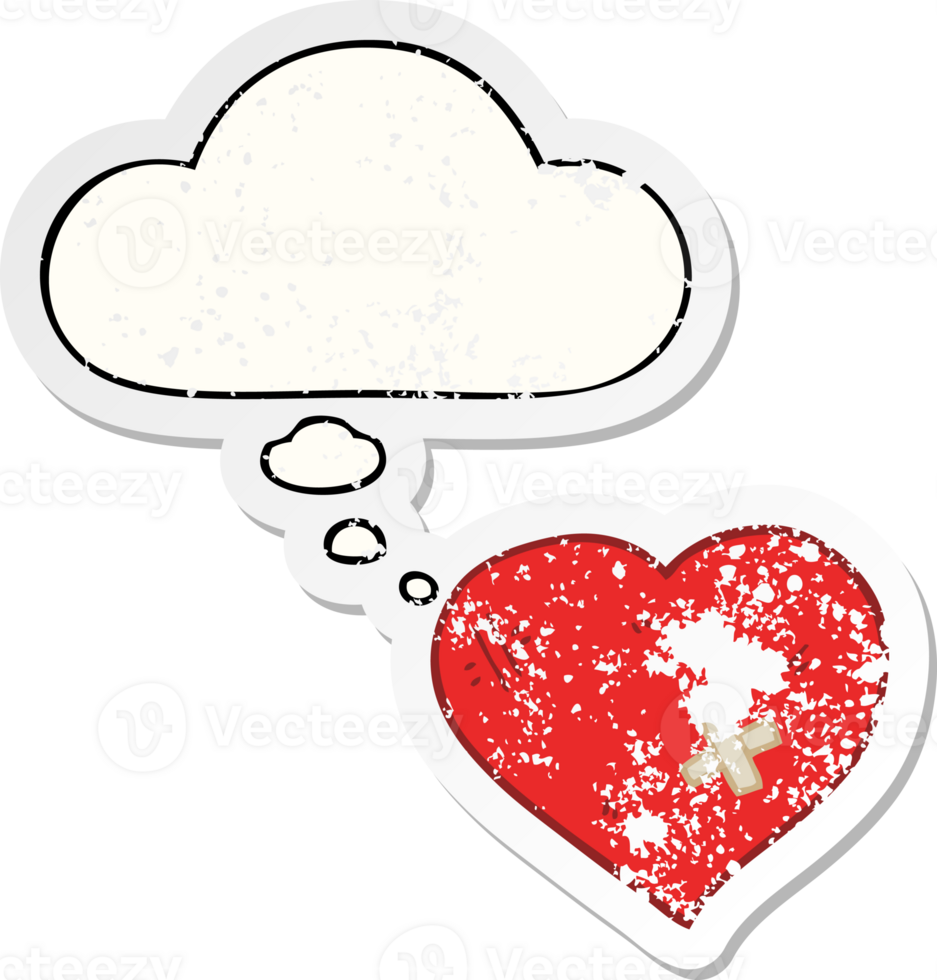 cartoon love heart with sticking plaster with thought bubble as a distressed worn sticker png