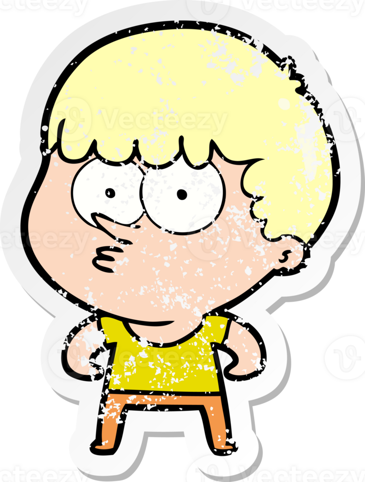 distressed sticker of a cartoon curious boy png