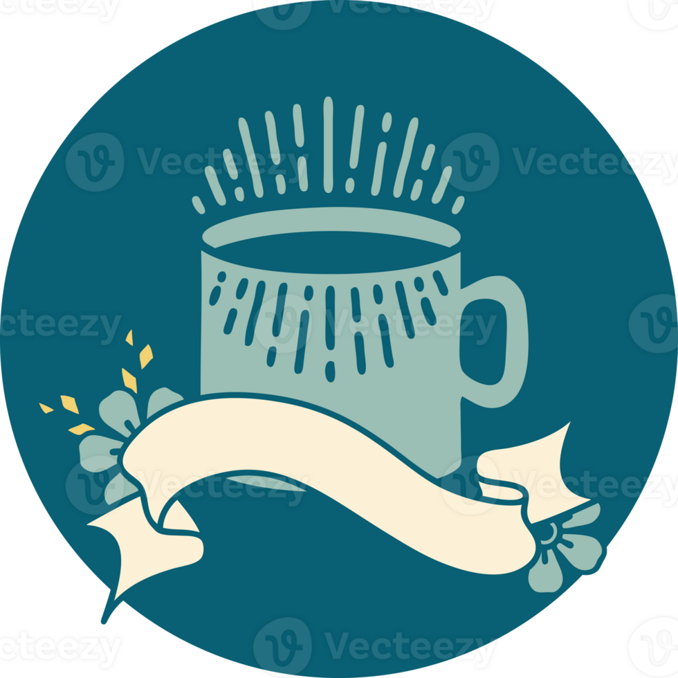 tattoo style icon with banner of cup of coffee png