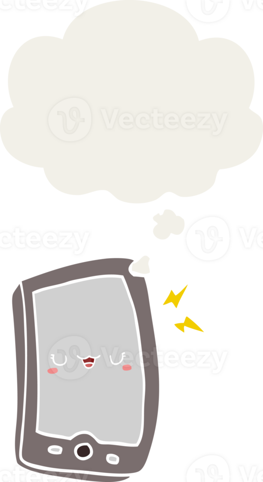 cute cartoon mobile phone with thought bubble in retro style png