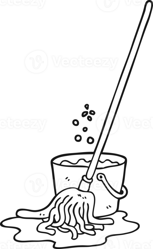 hand drawn black and white cartoon mop and bucket png
