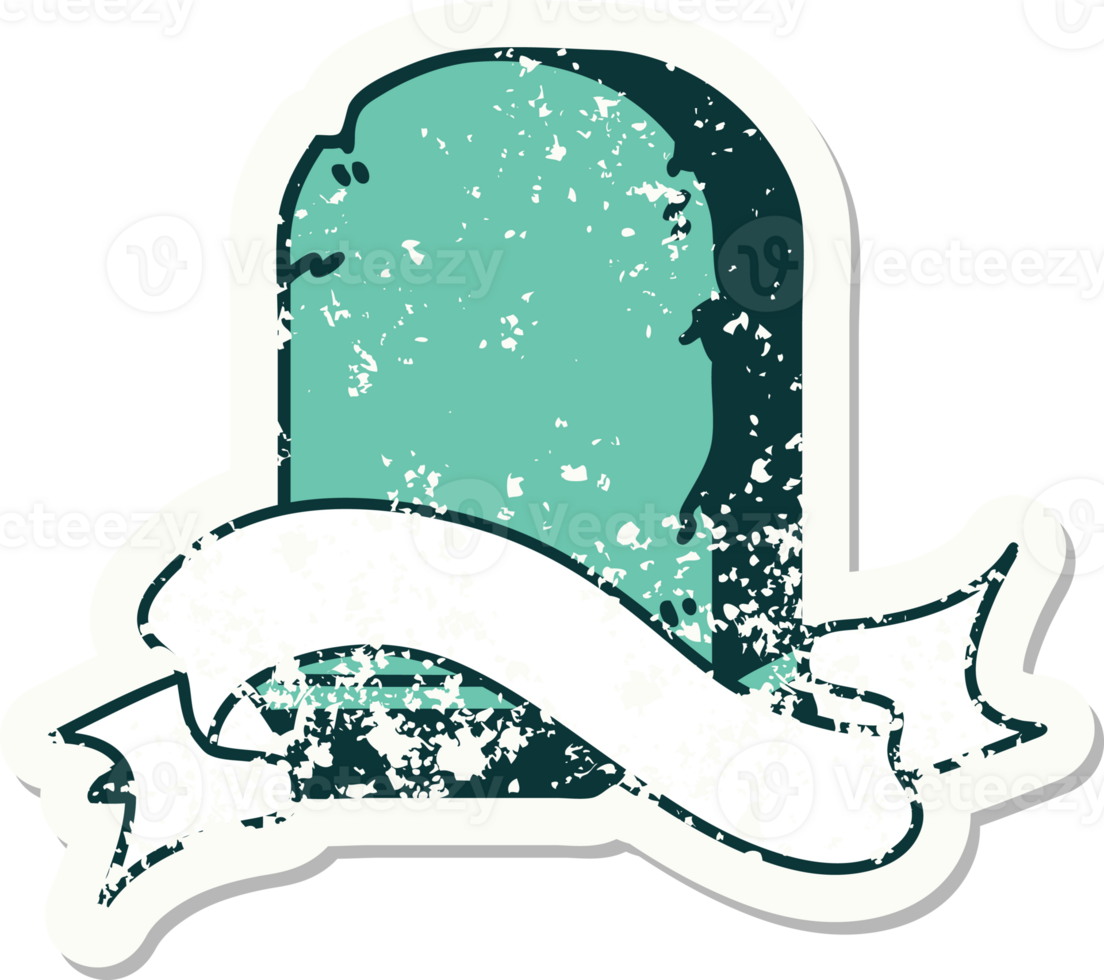 worn old sticker with banner of a grave stone png