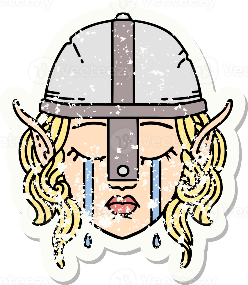 grunge sticker van een huilen elven vechter karakter gezicht png