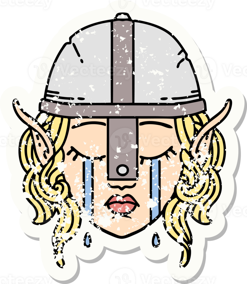 grunge sticker of a crying elven fighter character face png