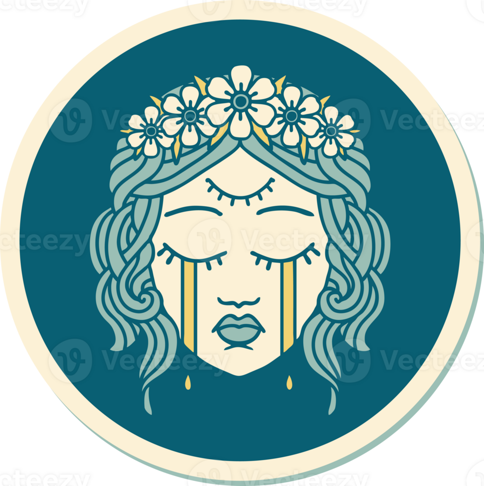 sticker of tattoo in traditional style of female face with third eye and crown of flowers cyring png