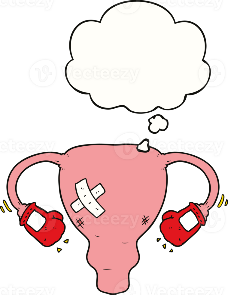 cartoon beat up uterus with boxing gloves with thought bubble png