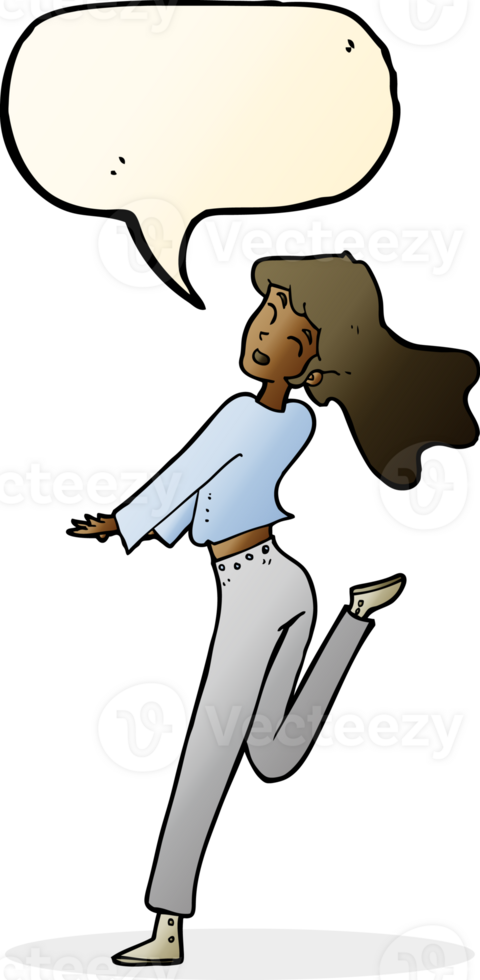 cartoon happy girl kicking out leg with speech bubble png