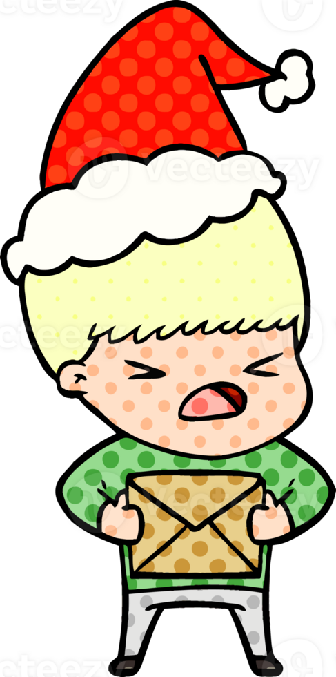 hand drawn comic book style illustration of a stressed man wearing santa hat png