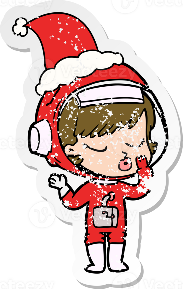 hand drawn distressed sticker cartoon of a pretty astronaut girl wearing santa hat png