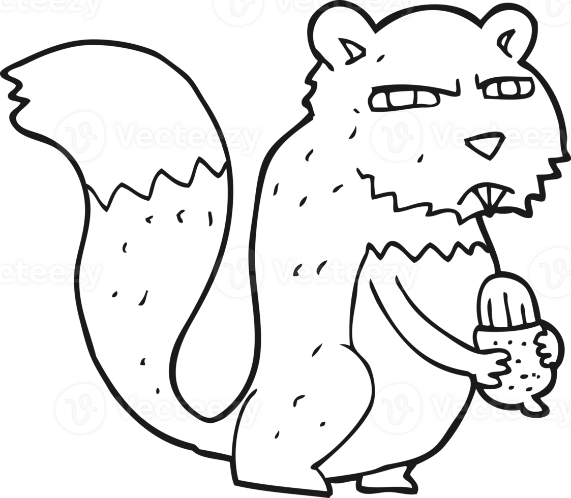 hand drawn black and white cartoon angry squirrel with nut png