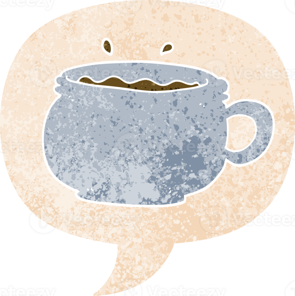 cartoon hot cup of coffee with speech bubble in grunge distressed retro textured style png
