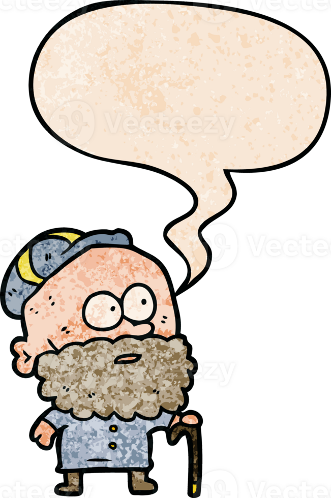 old cartoon man with walking stick and flat cap with speech bubble in retro texture style png