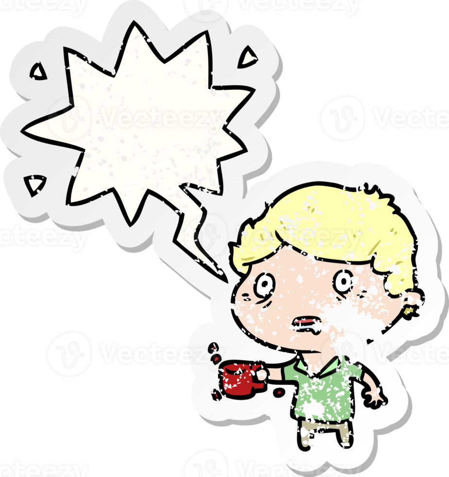 cartoon man jittery from drinking too much coffee with speech bubble distressed distressed old sticker png