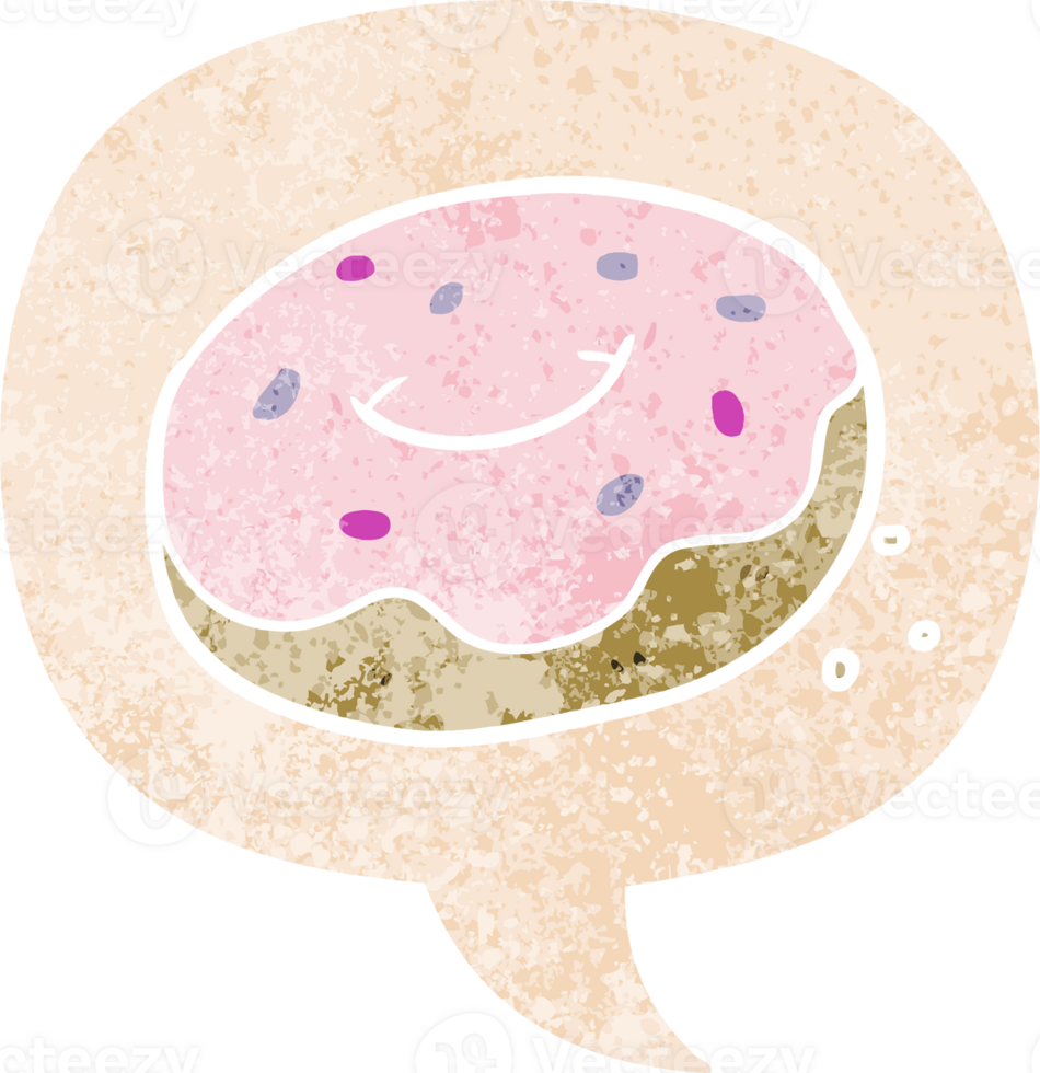 cartoon donut with speech bubble in grunge distressed retro textured style png