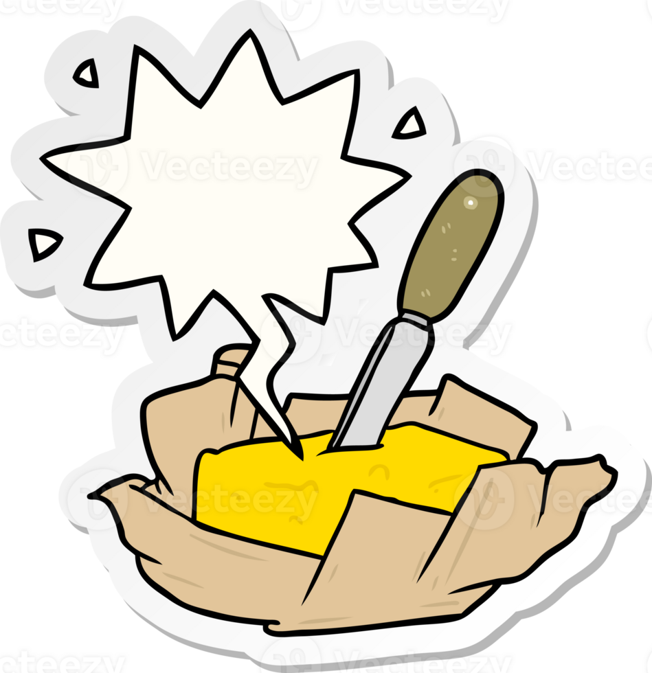 cartoon traditional pat of butter with knife with speech bubble sticker png