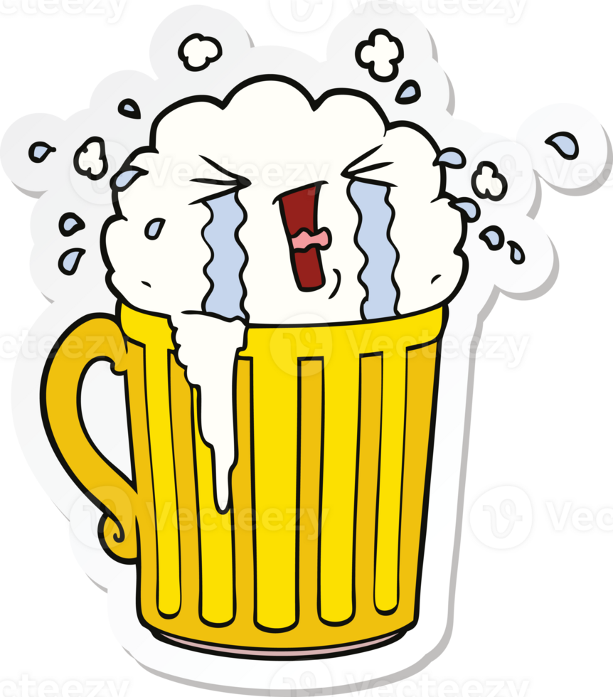 sticker of a cartoon mug of beer crying png