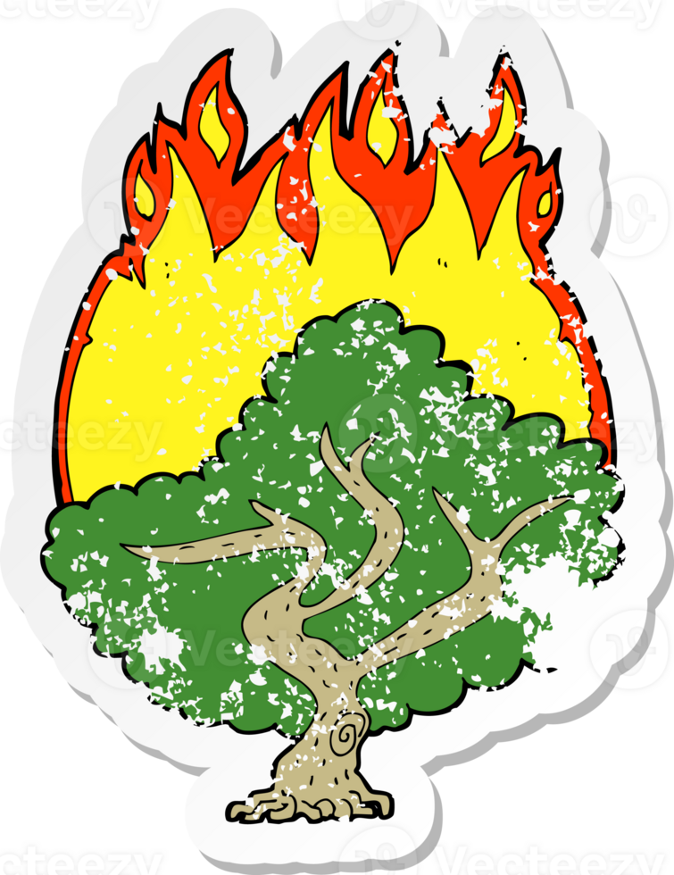 retro distressed sticker of a cartoon burning tree png
