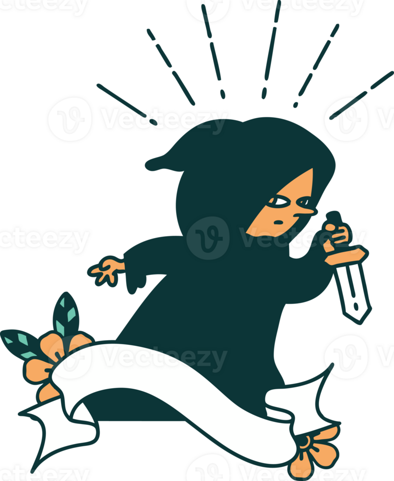 scroll banner with tattoo style assassin with knife png