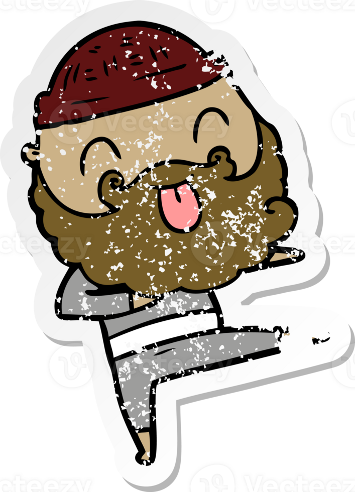 distressed sticker of a man with beard sticking out tongue png