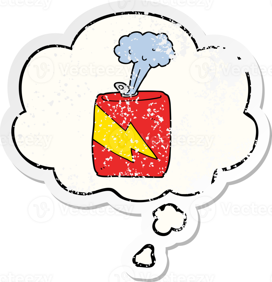 cartoon soda can with thought bubble as a distressed worn sticker png