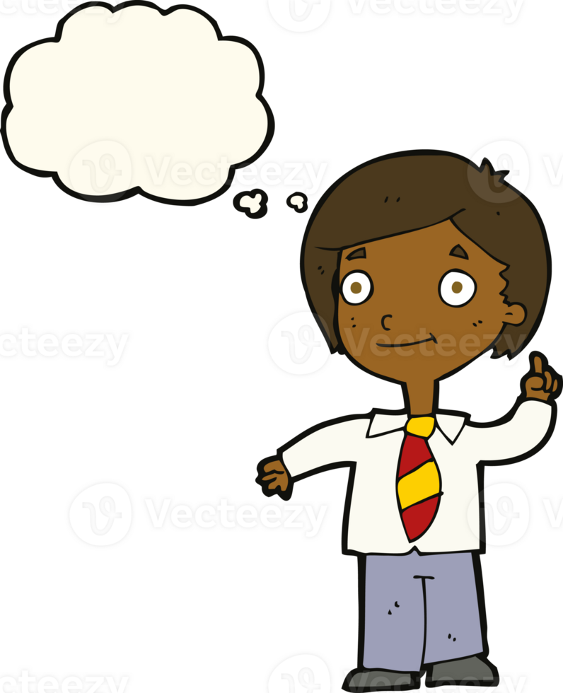 cartoon school boy answering question with thought bubble png