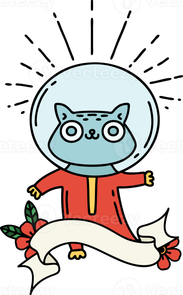 scroll banner with tattoo style cat in astronaut suit png