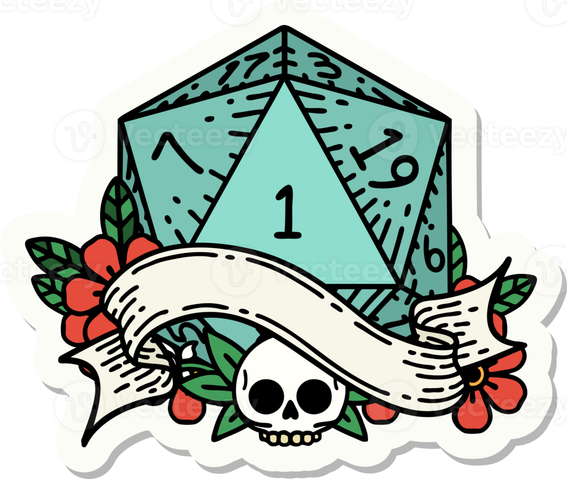 sticker of a natural one d20 dice roll png