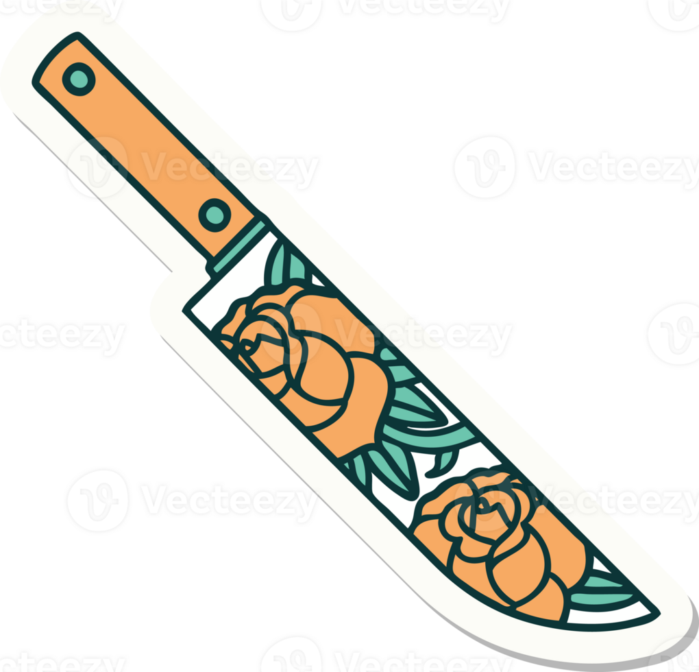 sticker van tatoeëren in traditioneel stijl van een dolk en bloemen png