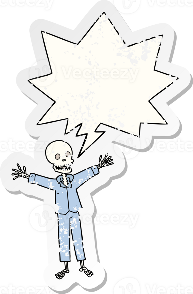 cartoon skeleton wearing pajamas with speech bubble distressed distressed old sticker png