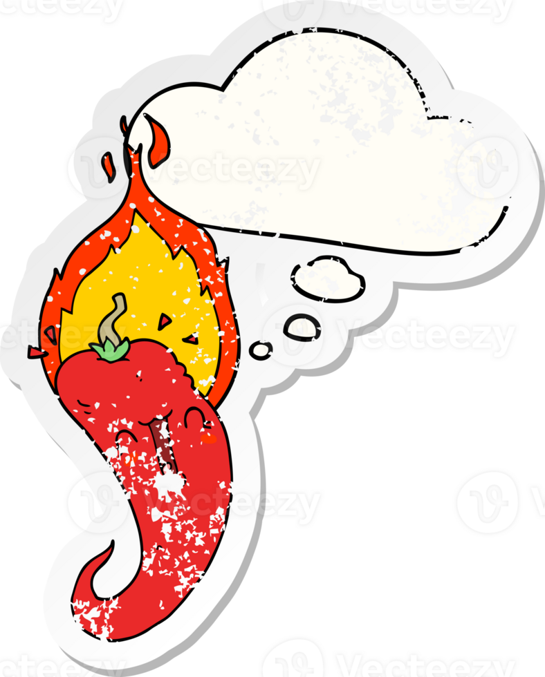 cartoon flaming hot chili pepper with thought bubble as a distressed worn sticker png