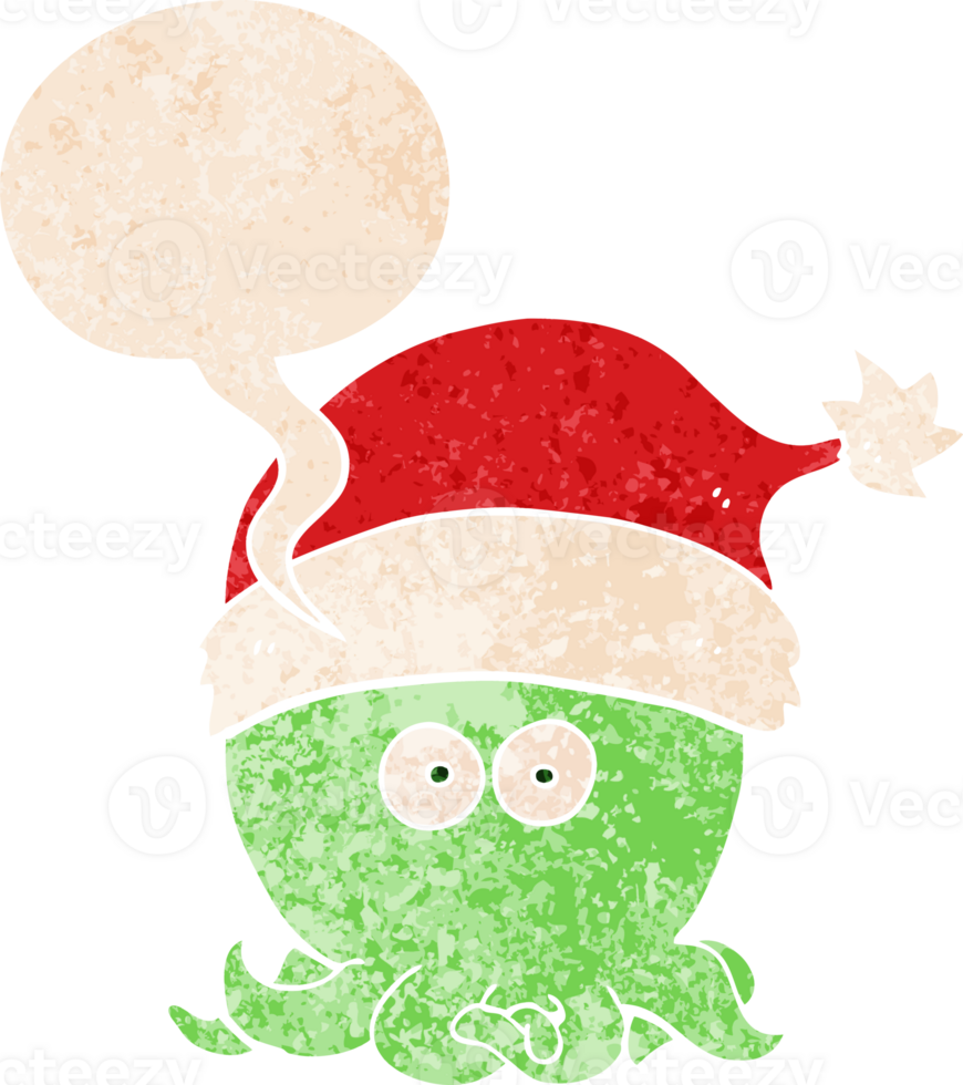 cartoon octopus wearing christmas hat with speech bubble in grunge distressed retro textured style png