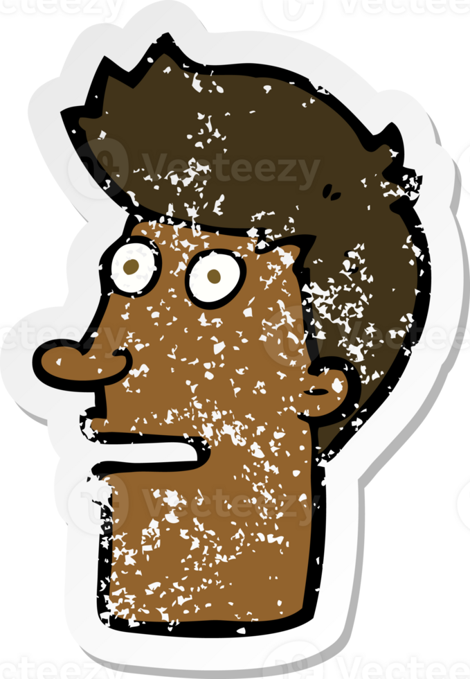 retro distressed sticker of a cartoon shocked male face png