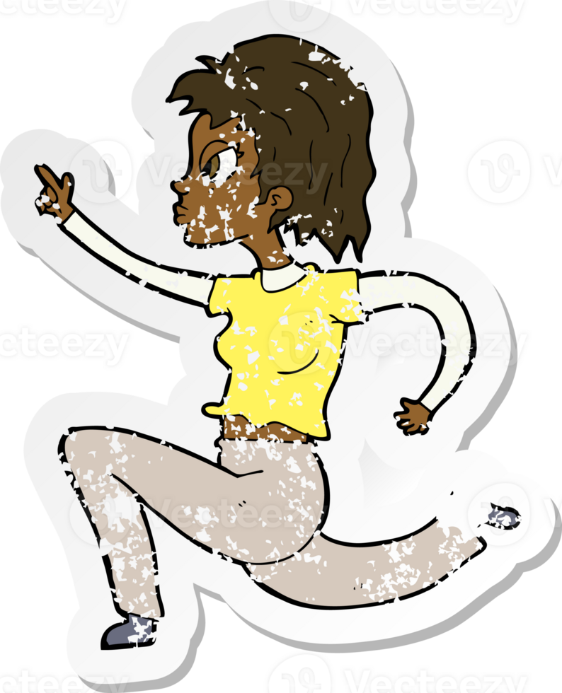 retro distressed sticker of a cartoon woman running and pointing png