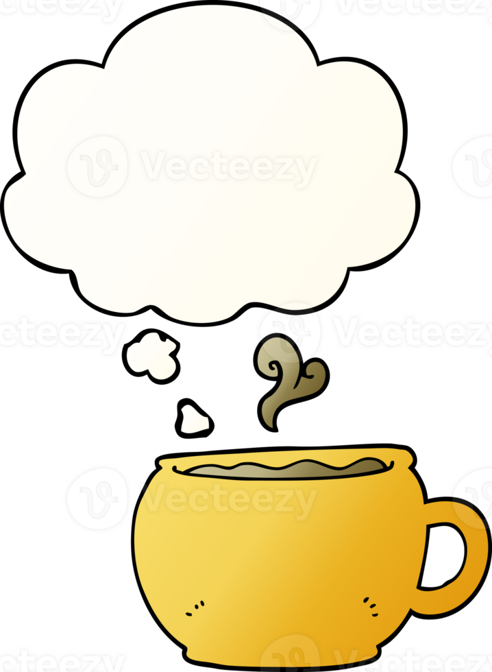 cartoon coffee cup with thought bubble in smooth gradient style png