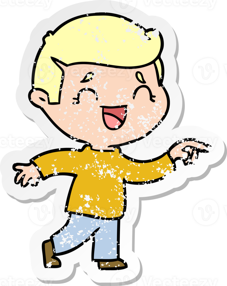 distressed sticker of a cartoon laughing man pointing png