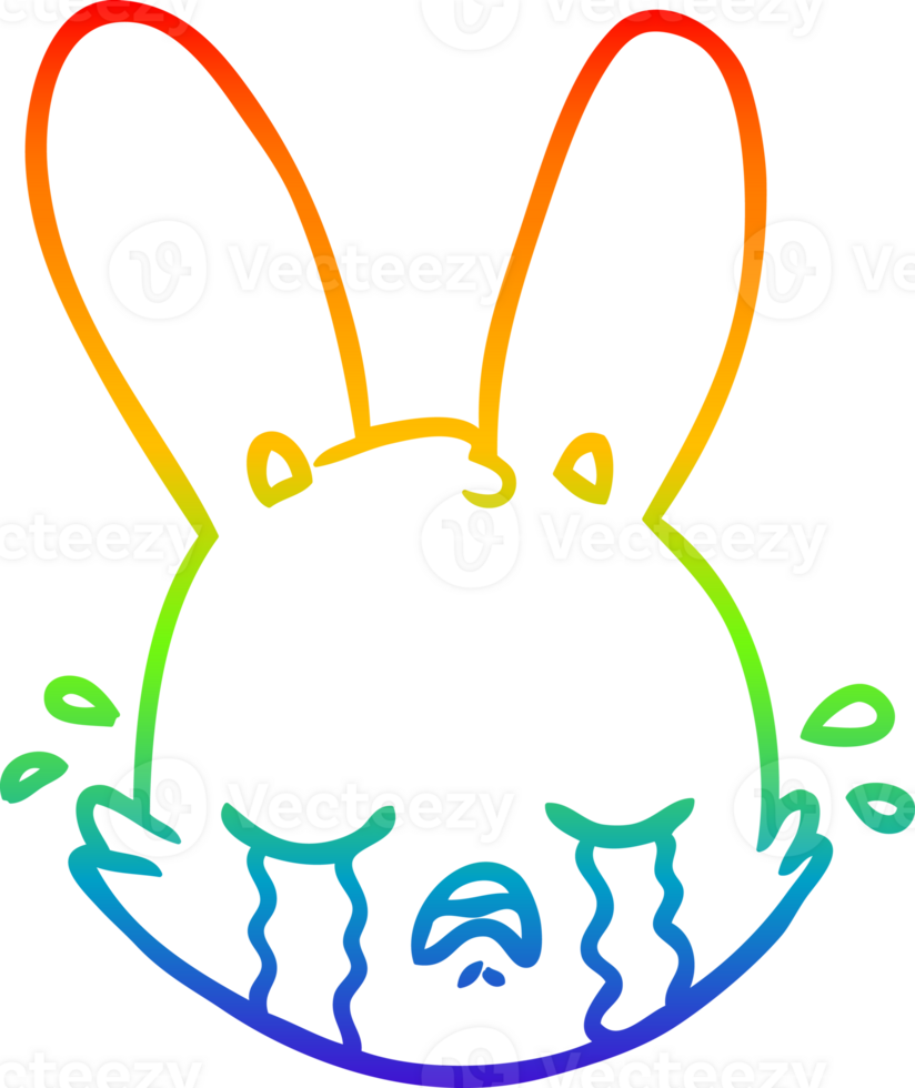 rainbow gradient line drawing of a cartoon crying bunny face png