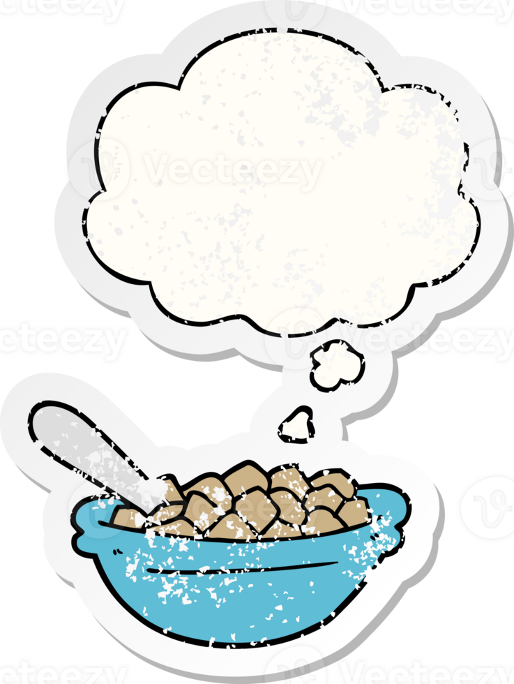 cartoon cereal bowl with thought bubble as a distressed worn sticker png