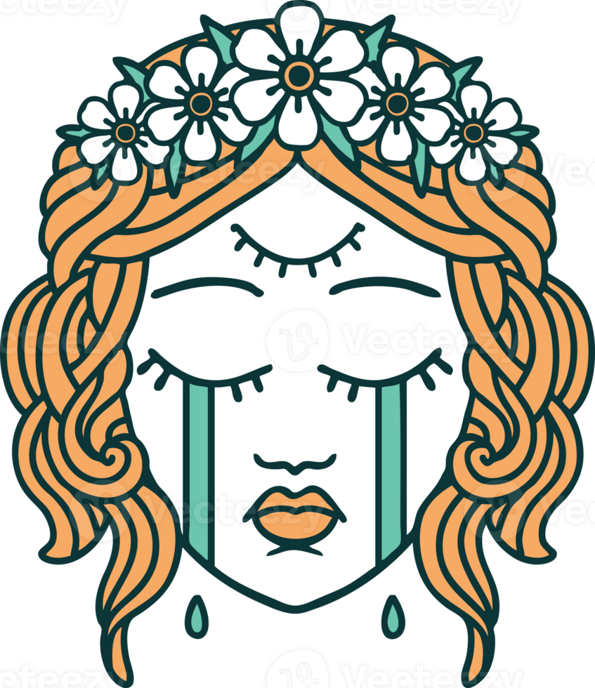 iconic tattoo style image of female face with third eye and crown of flowers cyring png