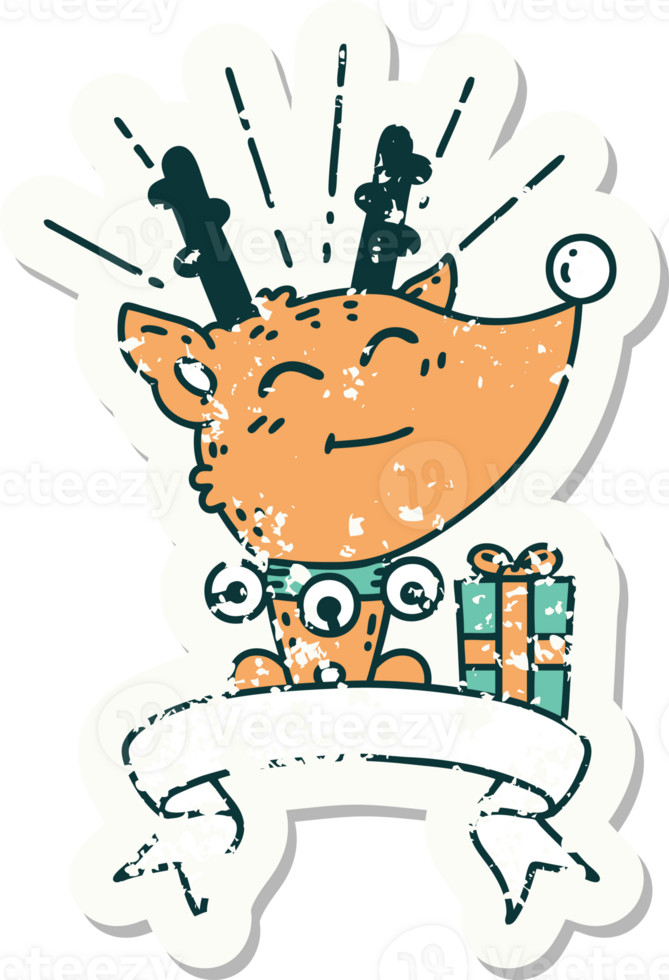 worn old sticker of a tattoo style christmas reindeer with present png