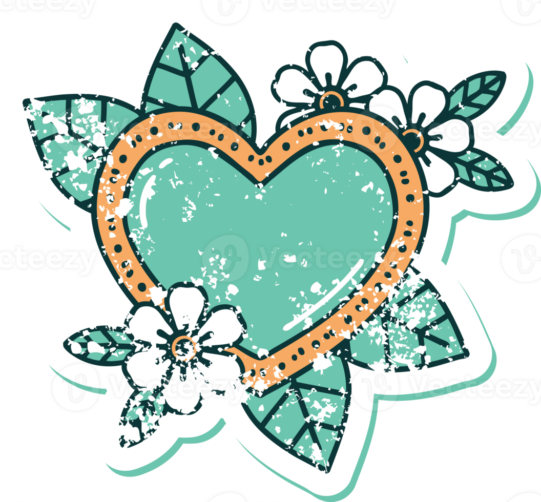 iconic distressed sticker tattoo style image of a botanical heart png
