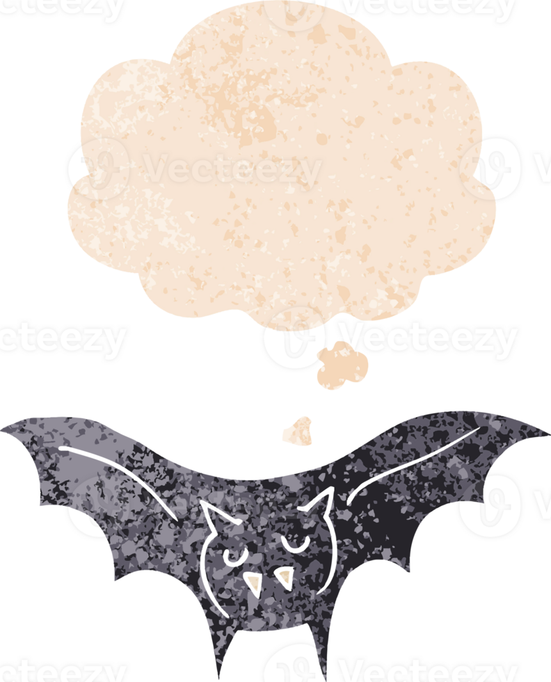 cartoon vampire bat with thought bubble in grunge distressed retro textured style png